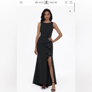 Adam One-Shoulder Black Ruffle Evening Gown